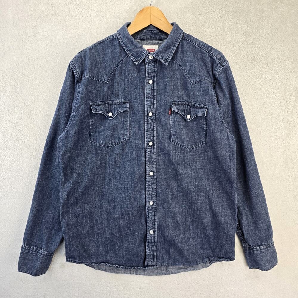 Levi's Western Denim Shirt Mens Large Blue Pearl Snap Button Long Sleeve